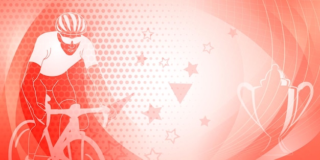 Cycling themed background in red colors with sport symbols such as an athlete cyclist and a cup as well as abstract curves and dots