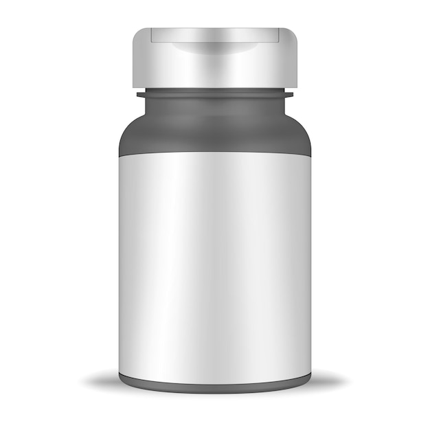 Cylinder plastic bottle with blank label and screw flip top cap mockup. Medical pill pack mock-up