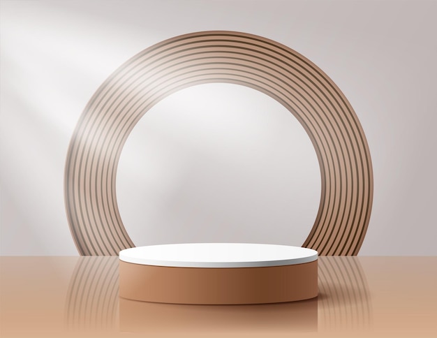 Cylindrical podium on circular wooden background. glossy brown and white podium for mockup products