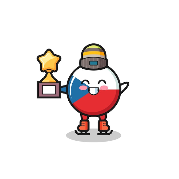 Czech republic flag badge cartoon as an ice skating player hold winner trophy , cute style design for t shirt, sticker, logo element