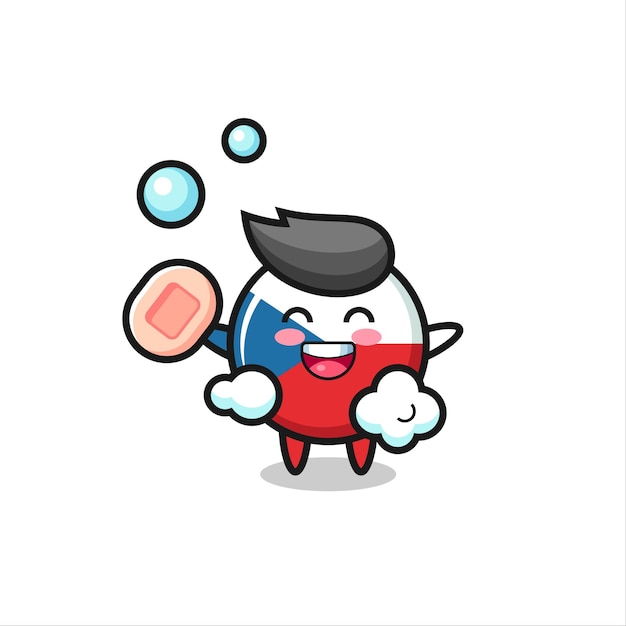 Czech republic flag badge character is bathing while holding soap