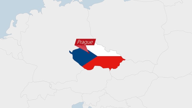 Czech Republic map highlighted in Czech Republic flag colors and pin of country capital Prague