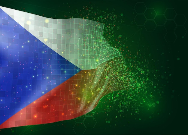 Czech Republic, on vector 3d flag on green background with polygons and data numbers