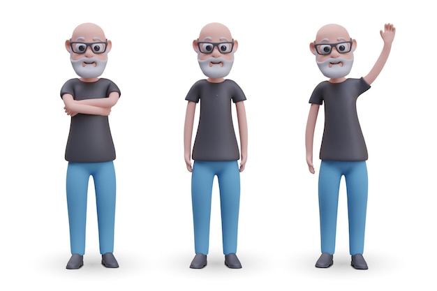 Vector d bearded man in glasses elderly male character in various poses