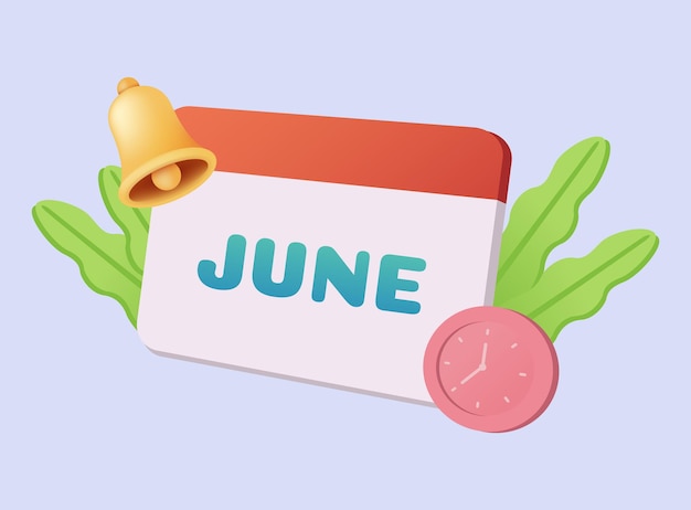 Vector d calendar icon june daily schedule planner calendar events plan work planning concept d cartoon