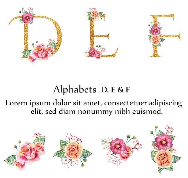 D, E, F alphabet with flower