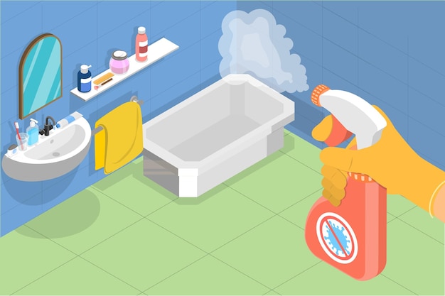 D isometric flat vector conceptual illustration of bathroom disinfectant cleaning with spray