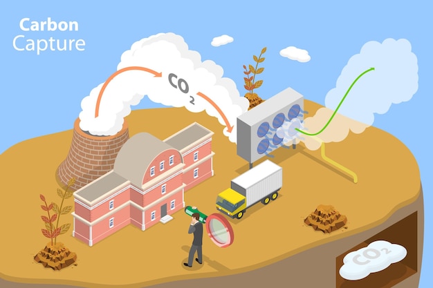 D isometric flat vector conceptual illustration of carbon capture sustainable solution storage