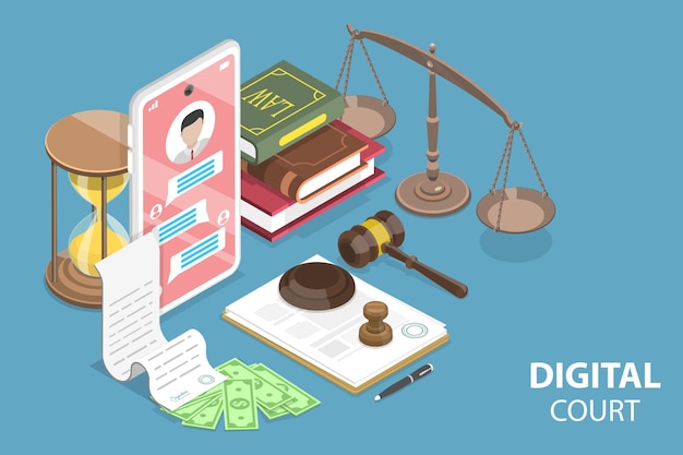 D isometric flat vector conceptual illustration of digital court legal online services