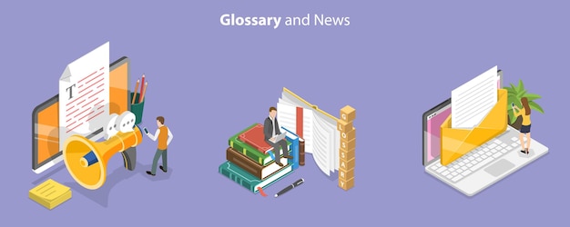 D isometric flat vector conceptual illustration of glossary and news online dictionary