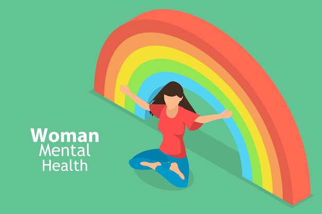 D isometric flat vector conceptual illustration of womens mental health female inner harmony and