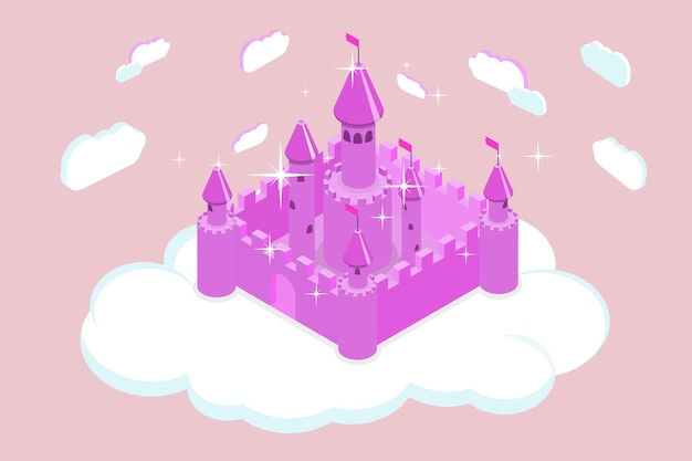 Vector d isometric flat vector illustration of fairy tale castle wonderful magic kingdom in the sky