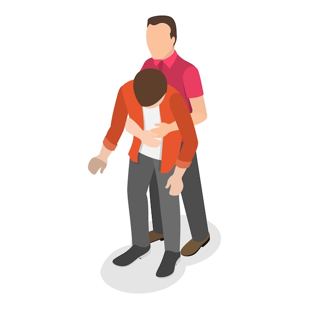 D isometric flat vector illustration of first aid procedure for choking heimlich maneuver item