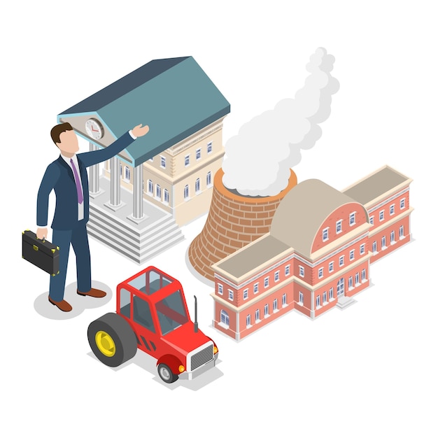 D isometric flat vector illustration of mixed economy features public and private sectors item