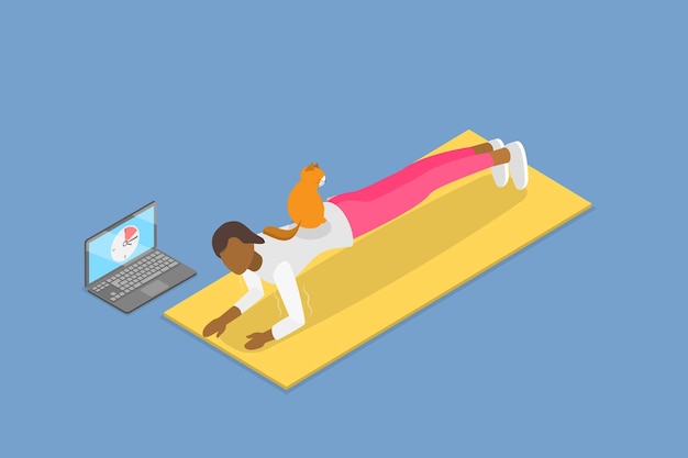 D isometric flat vector illustration of online training lesson plank exercise