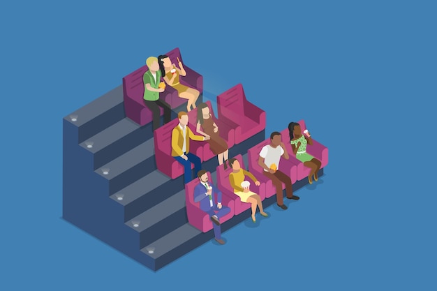 Vector d isometric flat vector illustration of people watching movie cinema theater