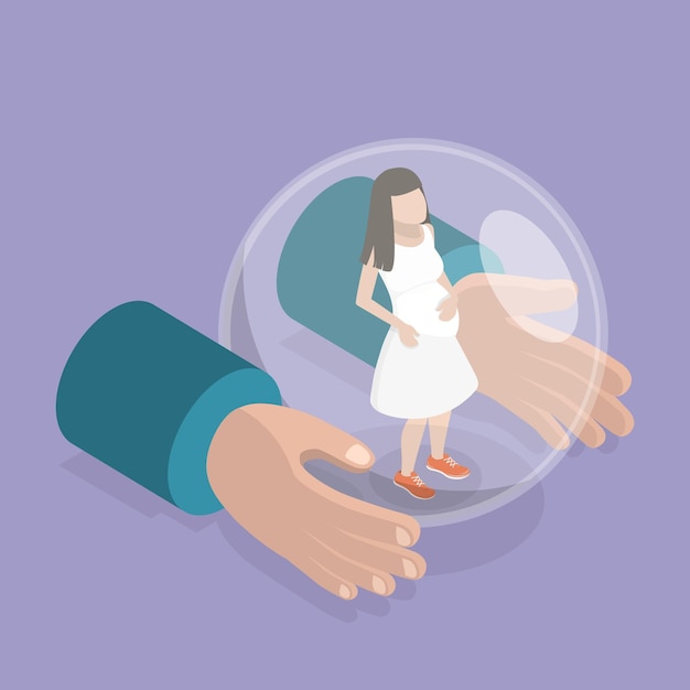 D isometric flat vector illustration of safety bubble preservation of pregnancy