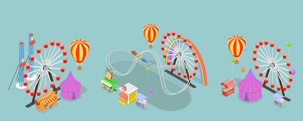 D isometric flat vector set of amusement parks observation wheel roller coaster