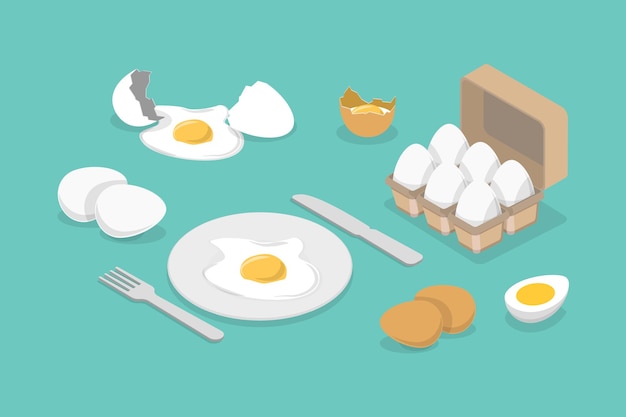 D isometric flat vector set of chicken eggs organic farm product