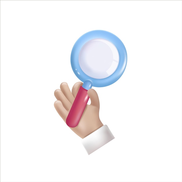 D magnifying glass icon in hand detective holds gadget with magnified lens magnifier vector realisti