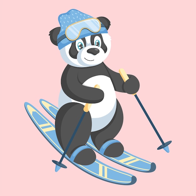 Ð¡ute winter panda in a blue sports hat and glasses is skiing. Hand drawn style. Vector illustration.