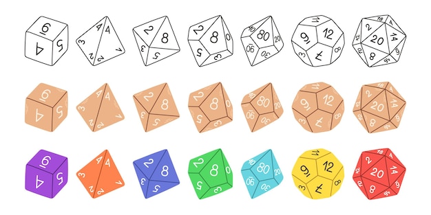 D8 D10 D12 D20 Dice for Board games. RPG dice set for table game. Vector illustration