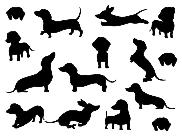 Dachshund dog action different poses Flat isolated Vector Silhouettes