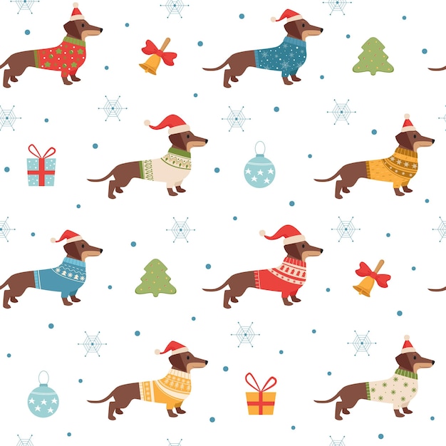 Vector dachshund pattern christmas seasonal template with long dog in winter knitted sweaters clothes for pets vector seamless background