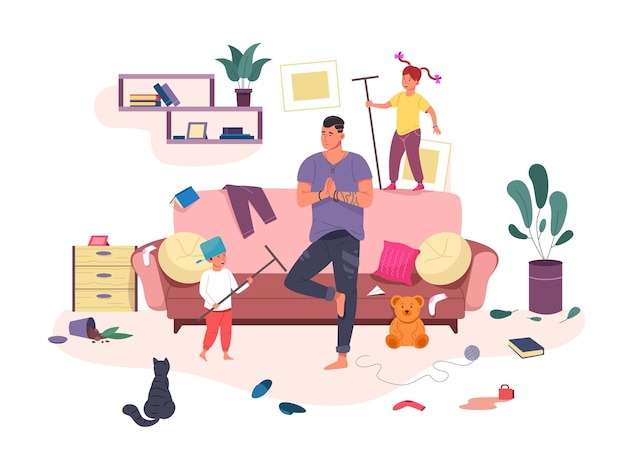 Dad and child chaos Calm father meditates among mischievous kids family home mess parent composure happy fatherhood children play game indoor house