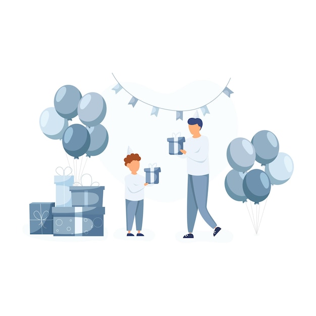 Dad congratulate his son with birth and gives a present for child Boy standing with gift box near balloons and huge gift boxes Happy birthday concept