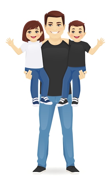 Dad holding his son and daughter. Happy Father Day vector illustration