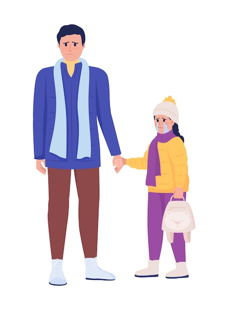 Dad holding weeping daughter hand semi flat color vector characters