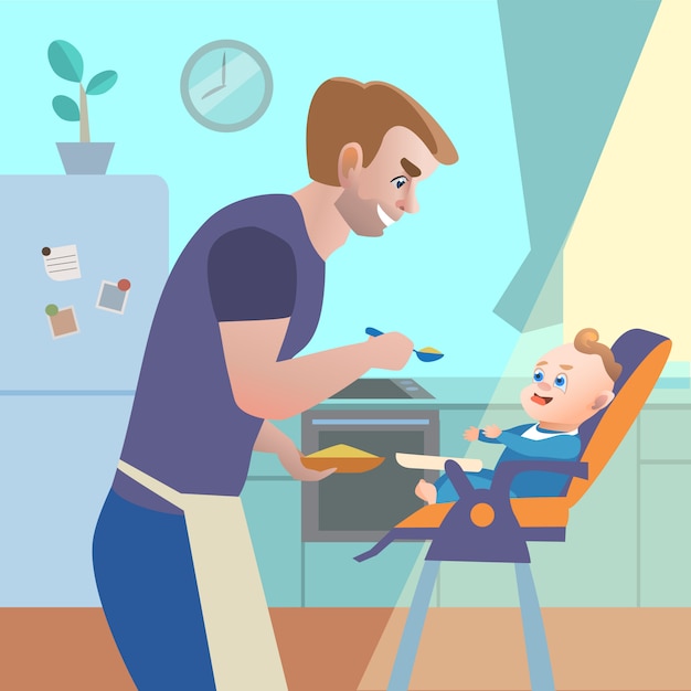 Dad in kitchen feeding child on highchair. Vector cartoon illustration