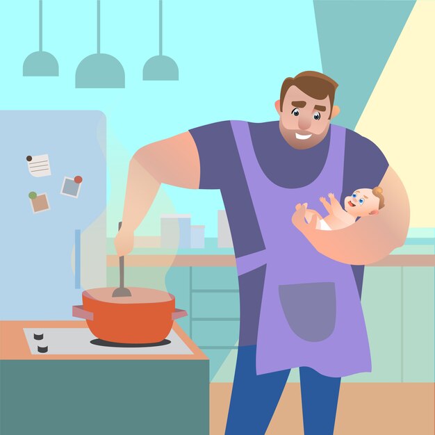 Vector dad in kitchen with child in his arms preparing food. vector cartoon illustration