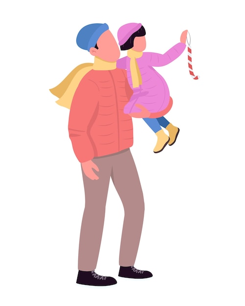 Dad in outerwear holding daughter semi flat color vector character Standing figure Full body person on white Family leisure simple cartoon style illustration for web graphic design and animation