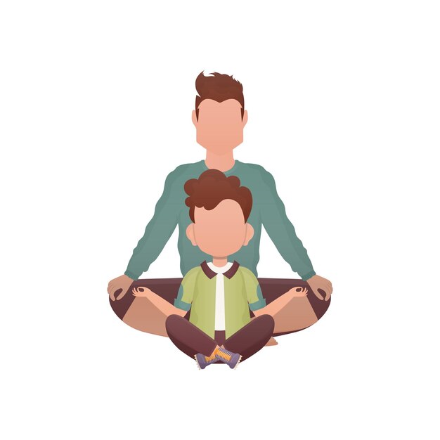 Dad and son are sitting meditating Isolated Cartoon style