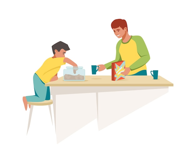 Dad and son have breakfast together Cartoon father gives boy muesli and biscuits family morning meal in kitchen Parent and child relationship cozy home isolated scene vector flat illustration