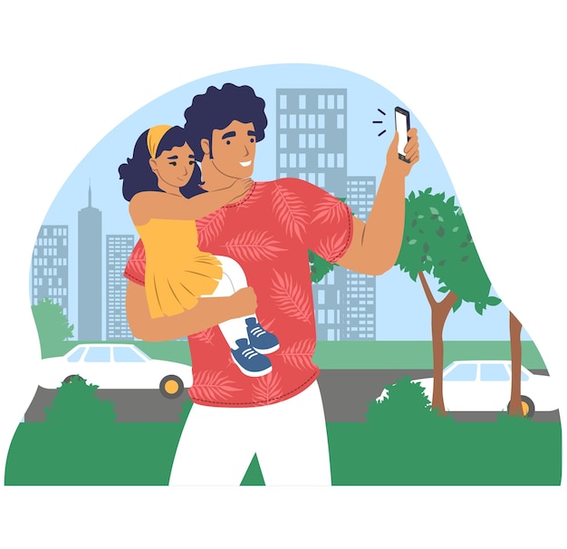 Dad taking selfie with daughter walking in the park vector illustration parent child relationship fa...