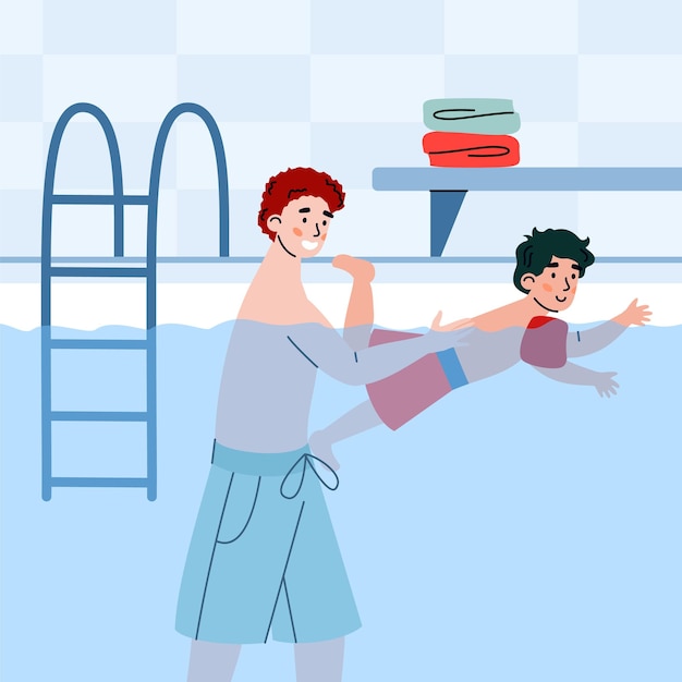 Vector dad teaching to son swimming in the pool happy father support child on water