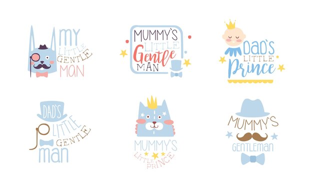 Dads Little Prince Labels Set Cute Emblems in Light Blue Colors Baby Shower Birthday Party Design Element Hand Drawn Vector Illustration