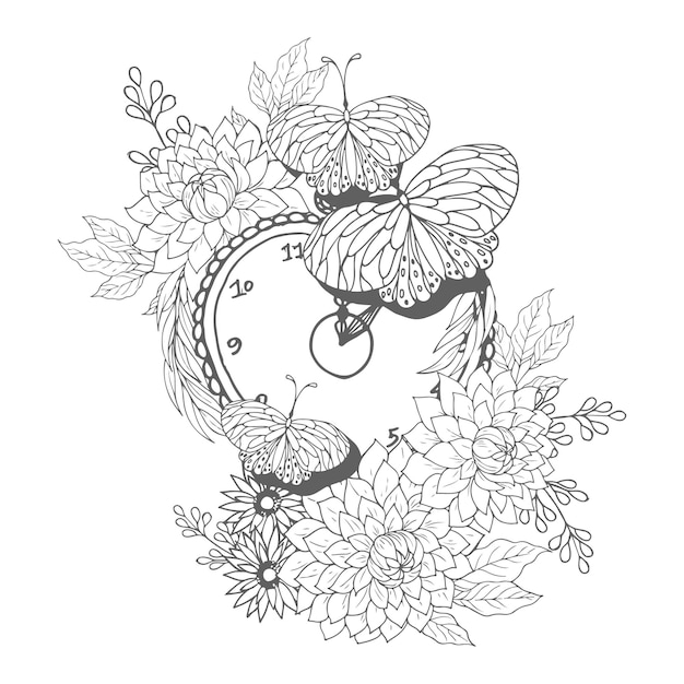 Dahlia bouquet with Clock line art coloring pages for kids and adult