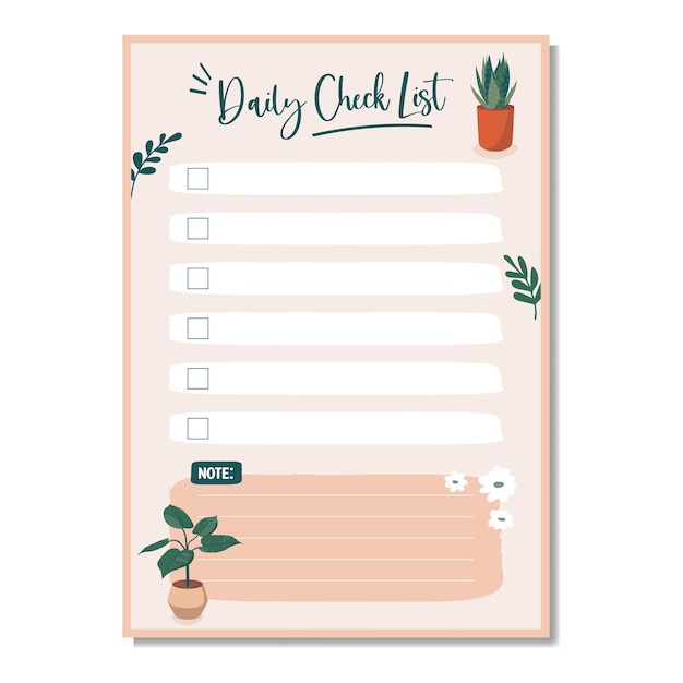 Daily check list planner note paper to do list decorated with house plants