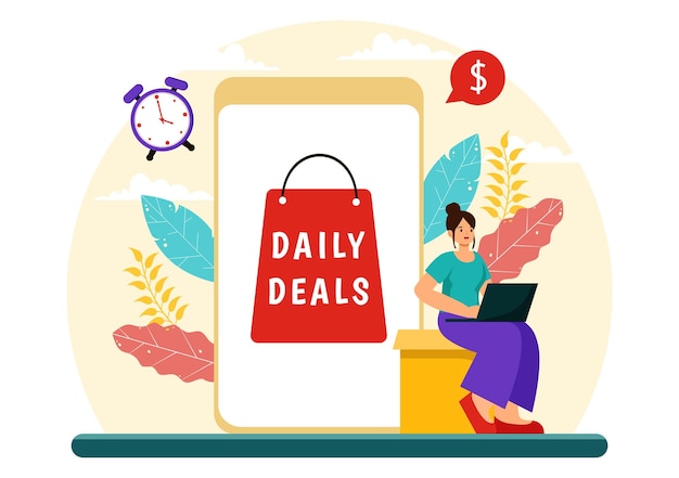 Vector daily deals vector illustration featuring shopping goods and hunting for discounts set against a flat cartoon style background