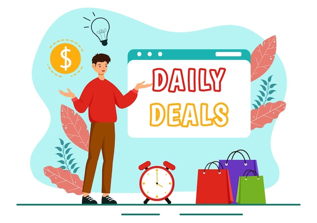 Daily Deals Vector Illustration featuring Shopping Goods and Hunting for Discounts set against a Flat Cartoon Style Background