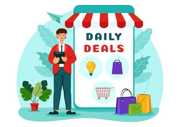 Vector daily deals vector illustration featuring shopping goods and hunting for discounts set against a flat cartoon style background