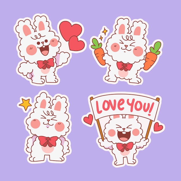 Daily life of adorable bubbly bunny sticker set doodle illustration