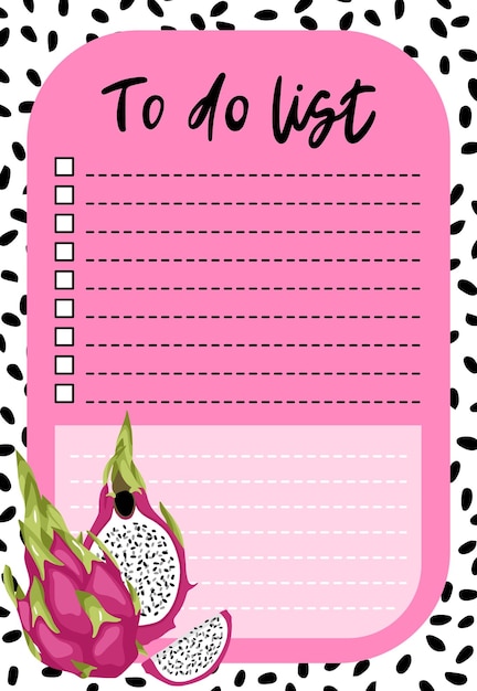 Daily planner, pink to-do list decorated pitahaya dragon fruit illustrations and trendy lettering