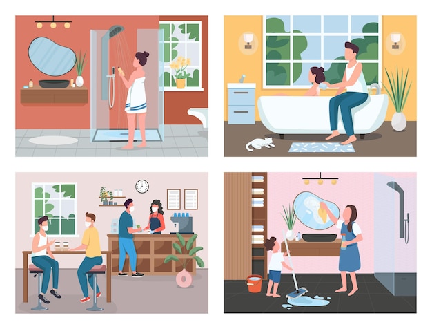 Daily routine flat color illustration set