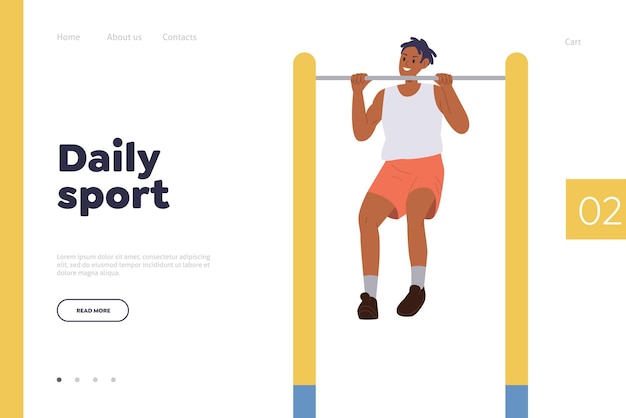 Vector daily sport landing page design template with happy strong young man cartoon character pulling up on street sport bar athletic teenager enjoying healthy lifestyle exercise vector illustration