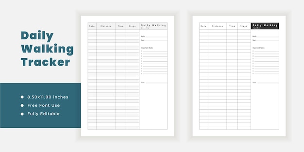 Daily walking tracker logbook Journal and minimalist planner printable pages templates